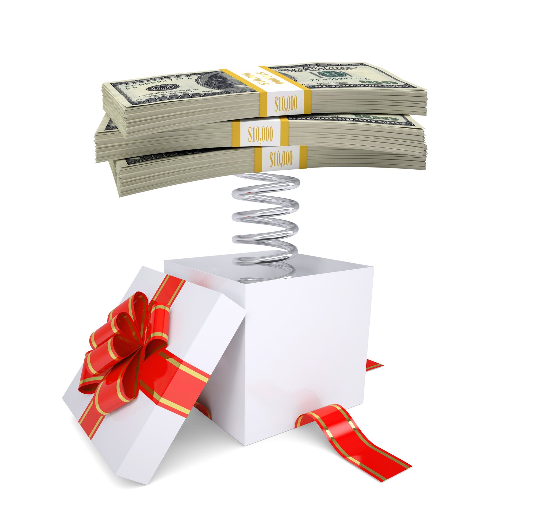 Several bundles of hundred-dollar bills attached to a coiled spring, sticking out from a newly opened gift box.