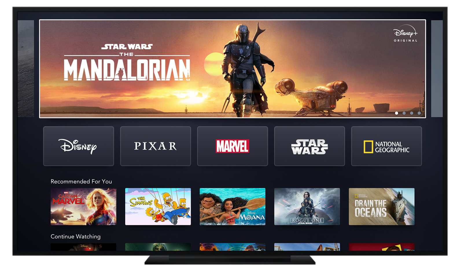 Disney+ opening page featuring its original series The Mandalorian.