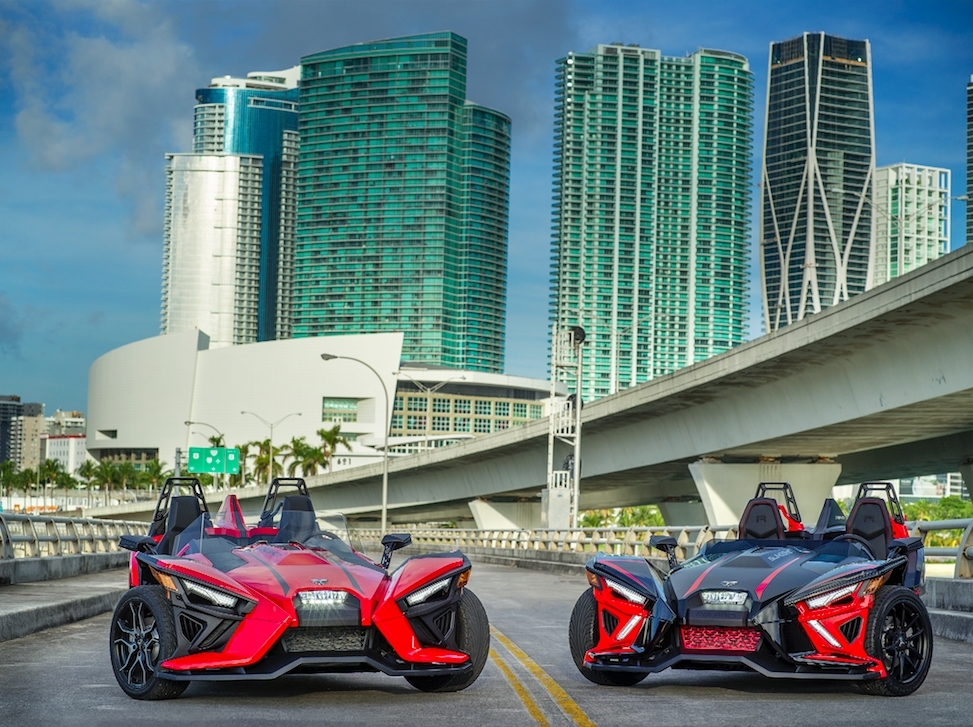 Two Polaris Slingshot three-wheel motorcycles