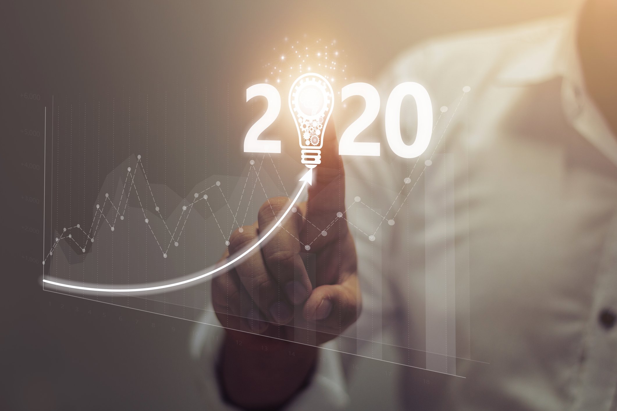 A chart and a person touching a lightbulb in the middle of text reading '2020.'