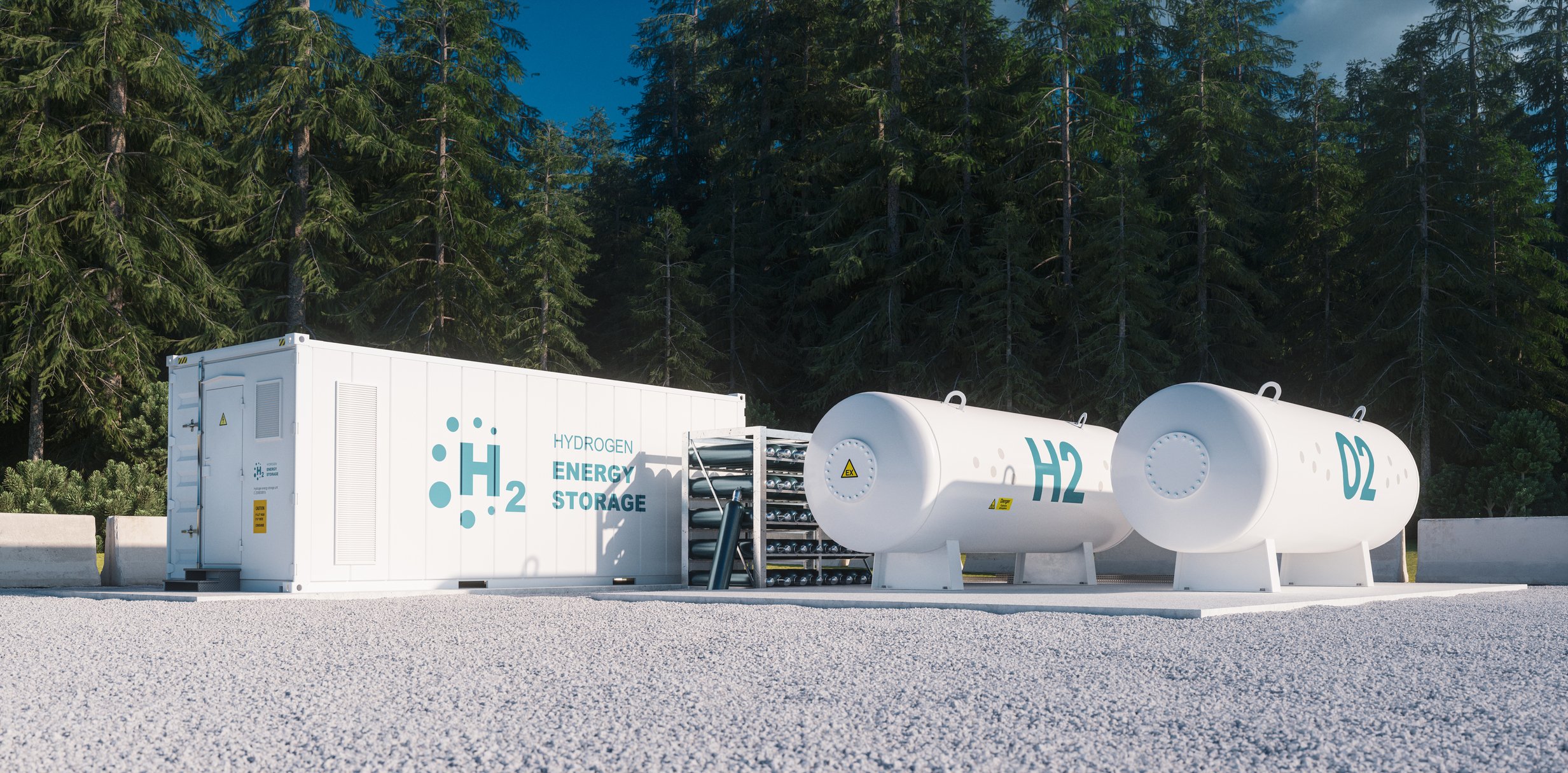 A hydrogen storage facility with large tanks