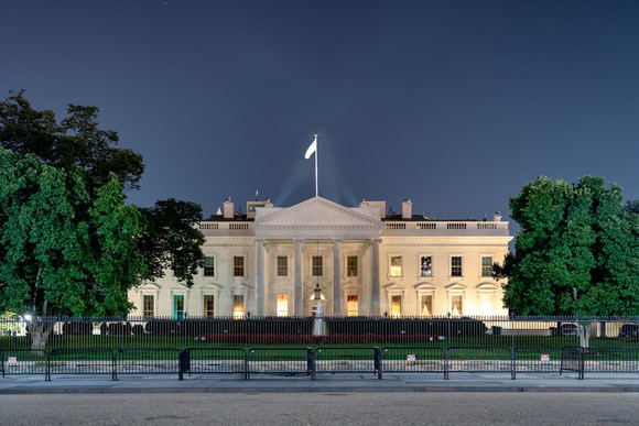 The White House, seen from street level at night