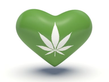 Marijuana leaf printed on a heart shape