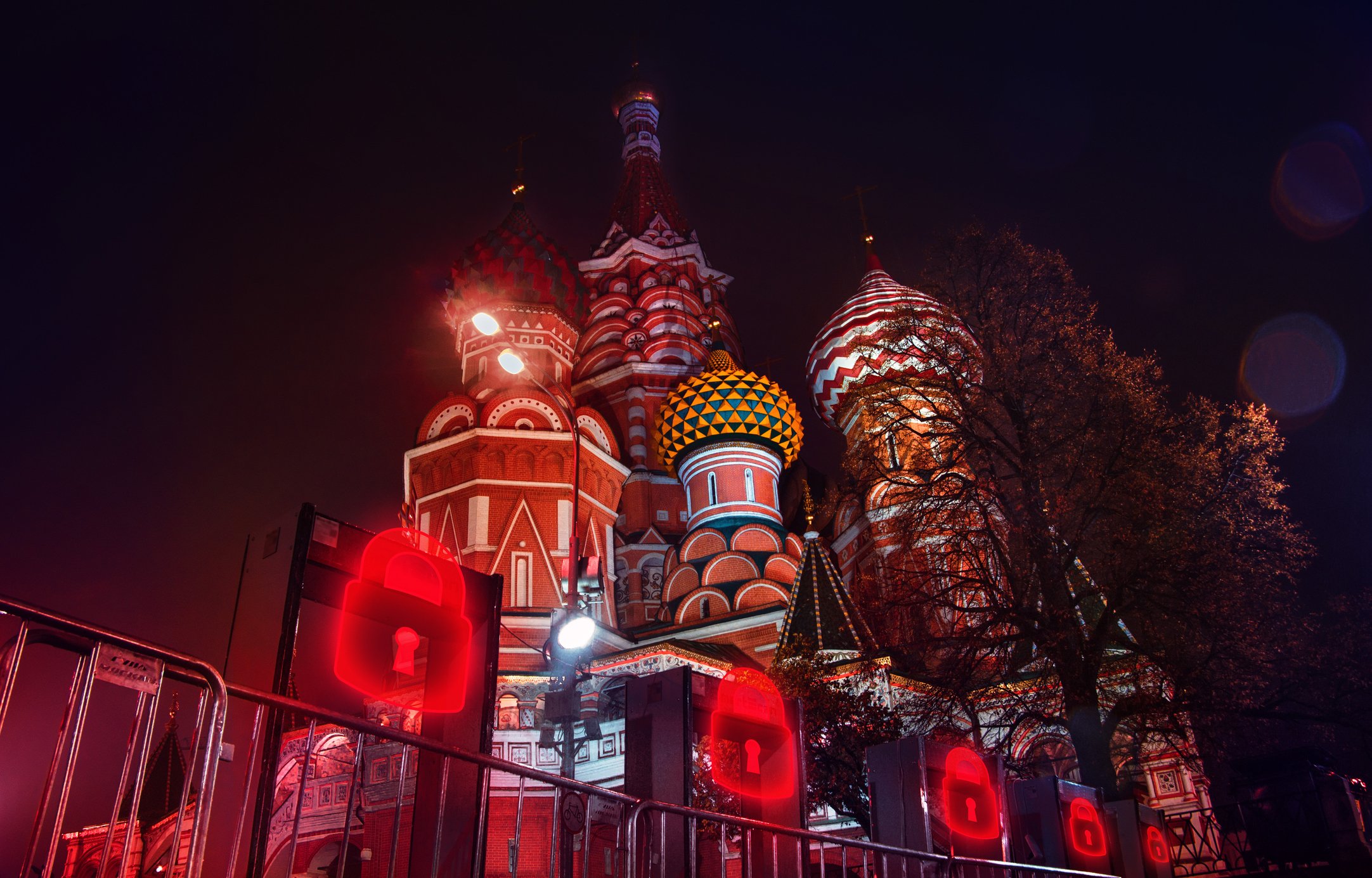 Glowing security gates around St. Basil's Cathedral.