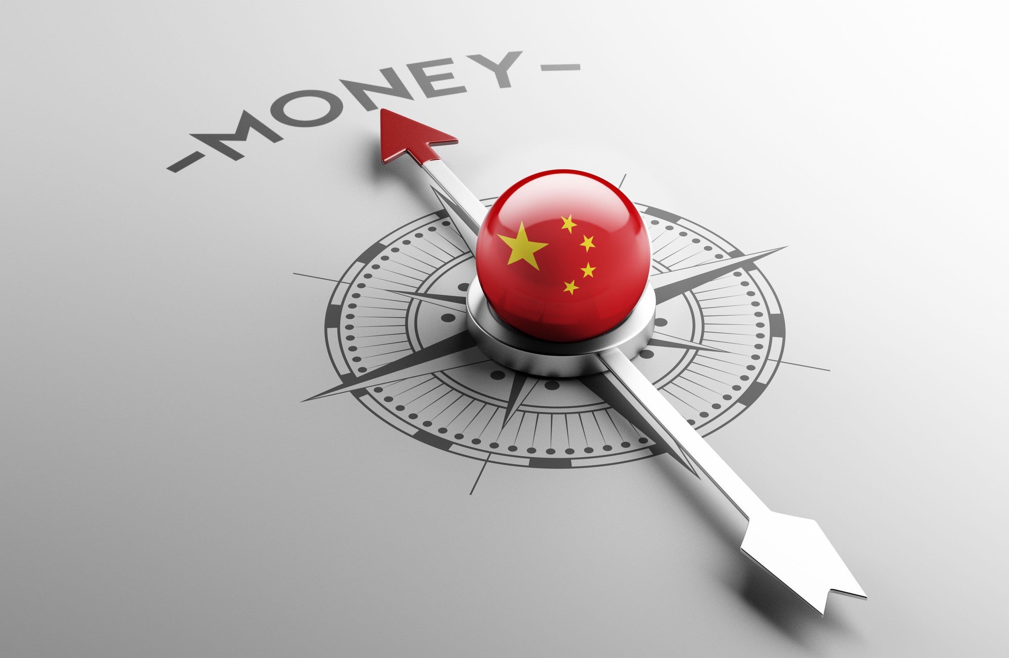 A compass featuring the Chinese flag pointing towards "money".