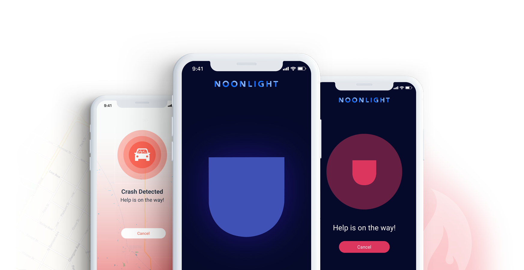 Three smart phones showing various emergency notifications within the Noonlight app. 