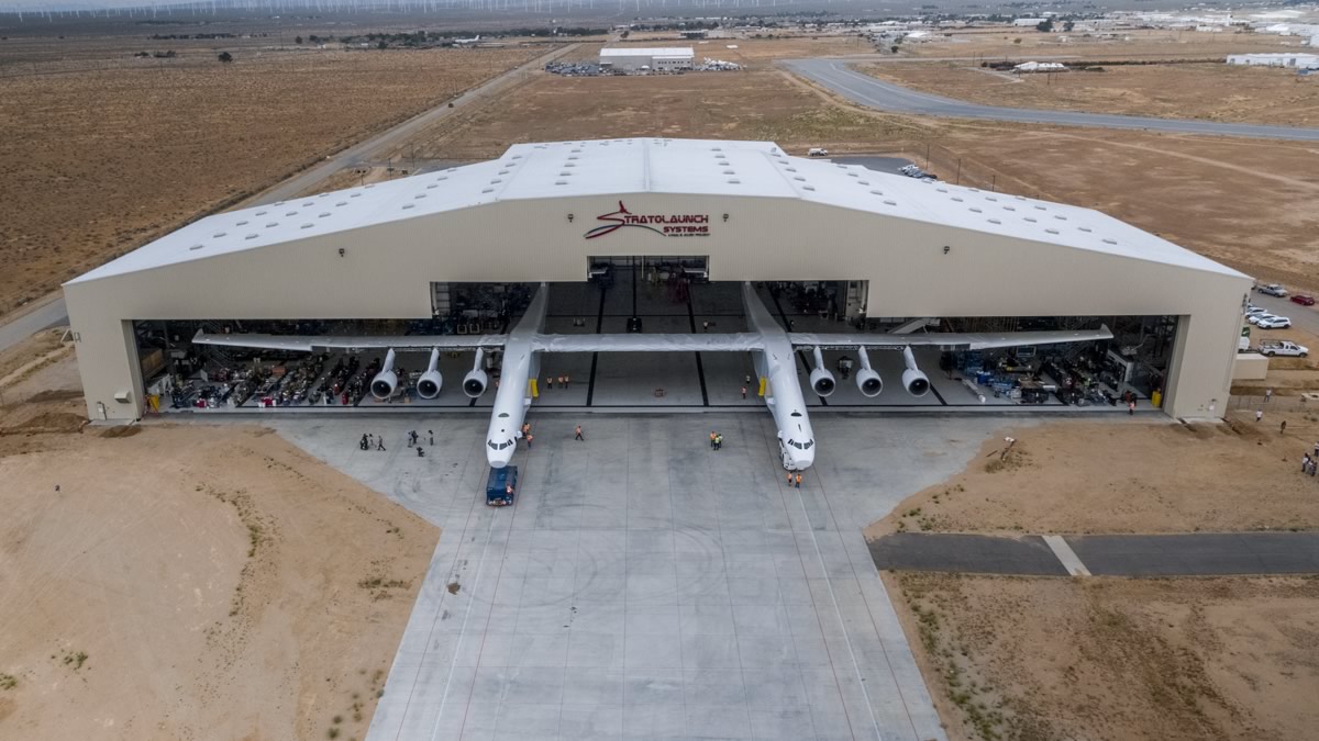 Stratolaunch's Roc superplane emerging from a hangar