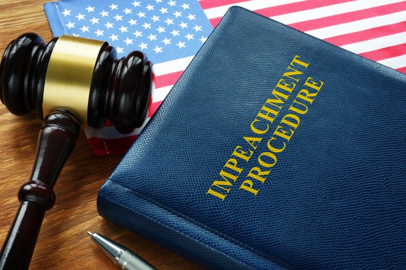 An impeachment procedure law book with a gavel and an american flag on a table.