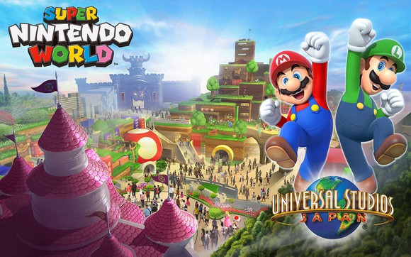 Concept art for Super Nintendo World at Universal Studios Japan with Mario and Luigi celebrating.