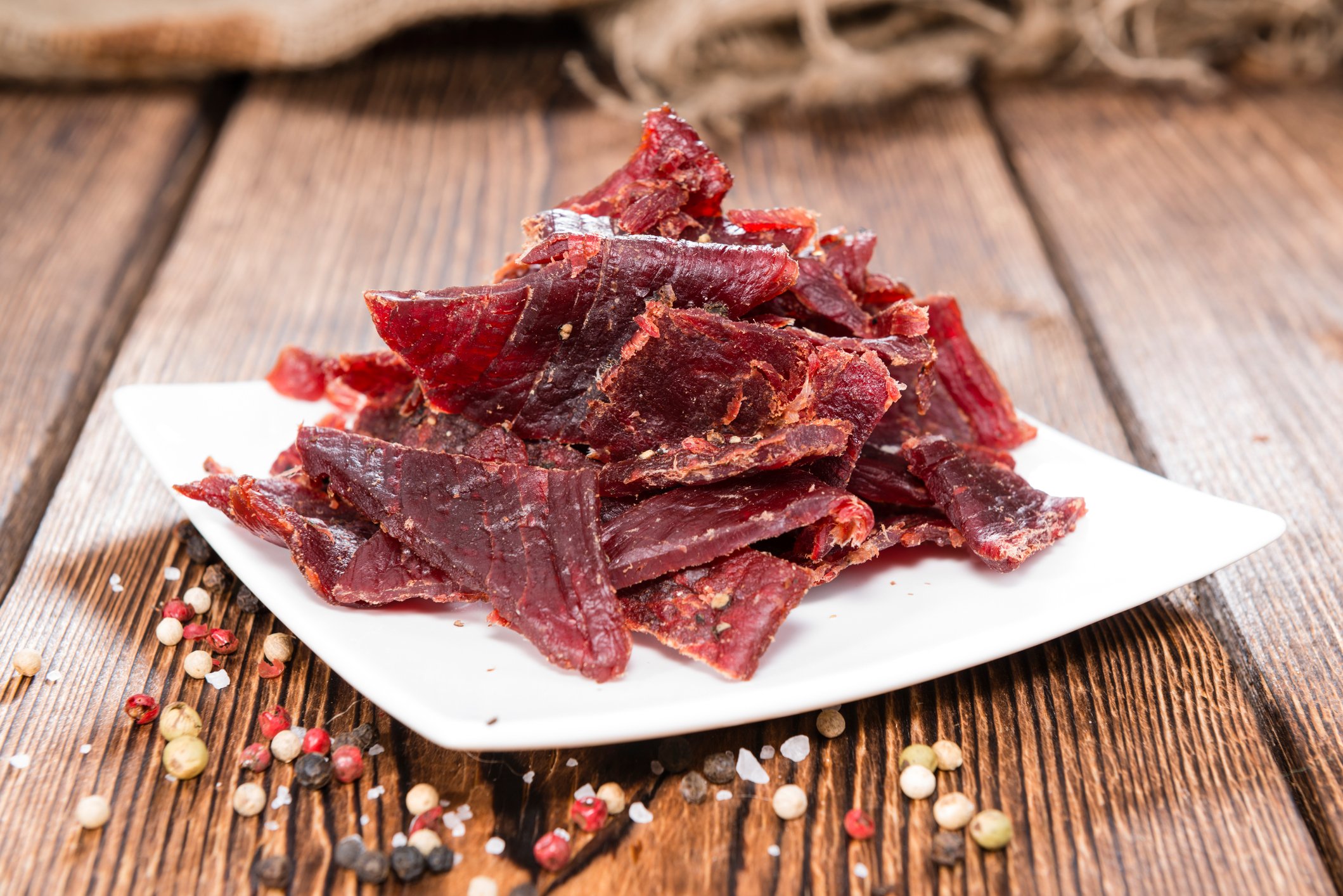 Pile of beef jerky on a square dish