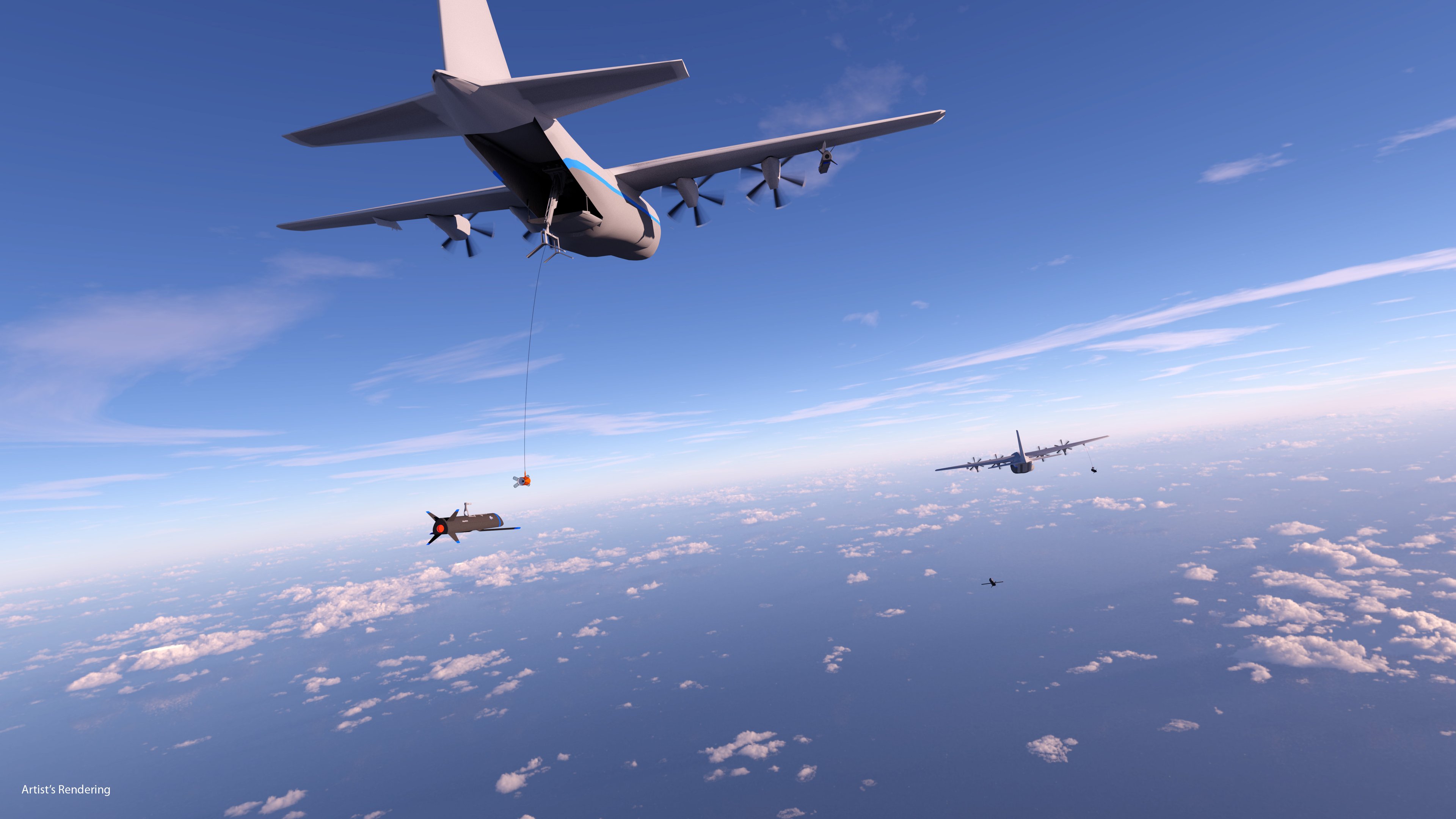 Small drones are launched out of a cargo plane in this illustration.