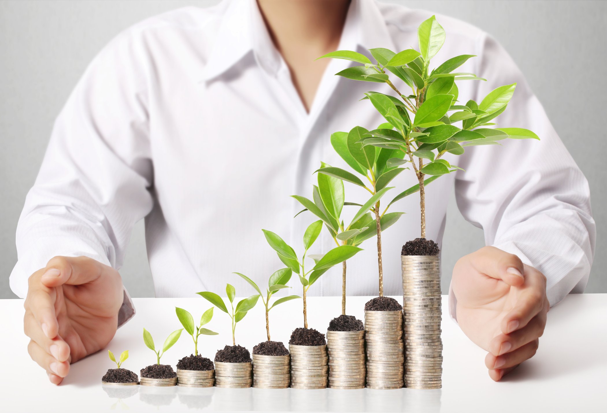We see someone in a white shirt sitting at a table on which are piles of coins in ascending height, with plants growing on their tops.