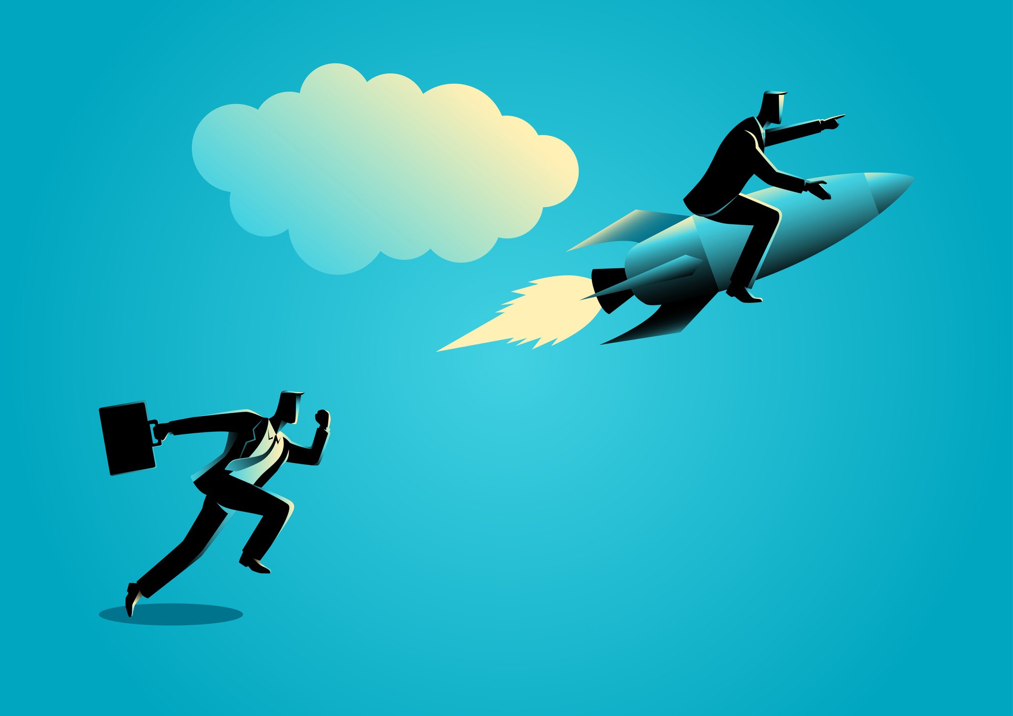 A businessman takes off on a rocket with another businessman running behind him.