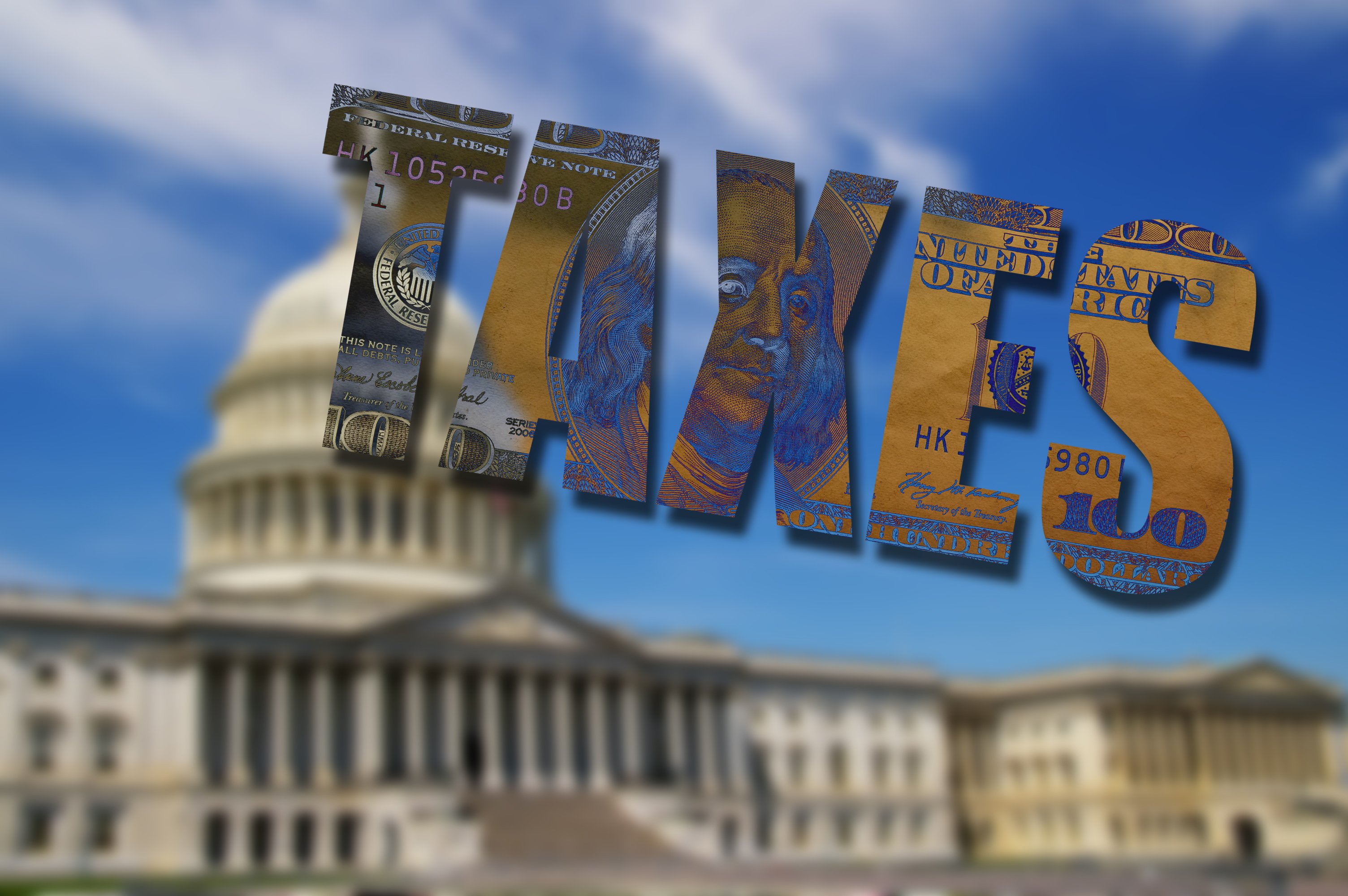 U.S. Capitol Building with word TAXES superimposed
