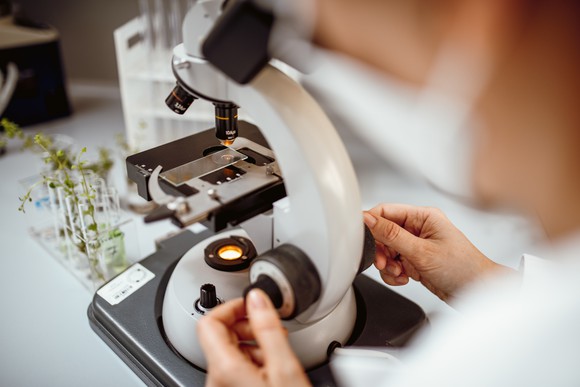 A person looking through a microscope