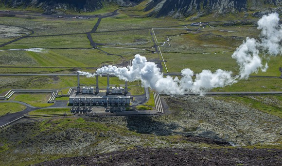 A geothermal plant produces power. 