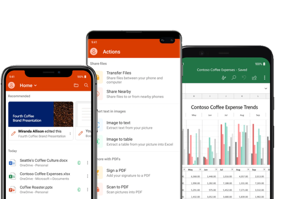 Microsoft Office displayed on various smartphone screens.