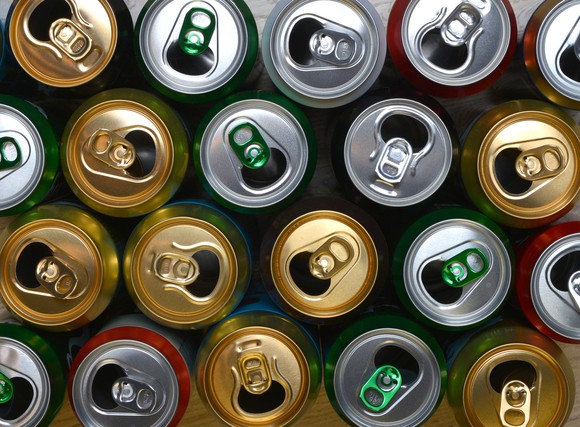 Aluminum cans of assorted colors.