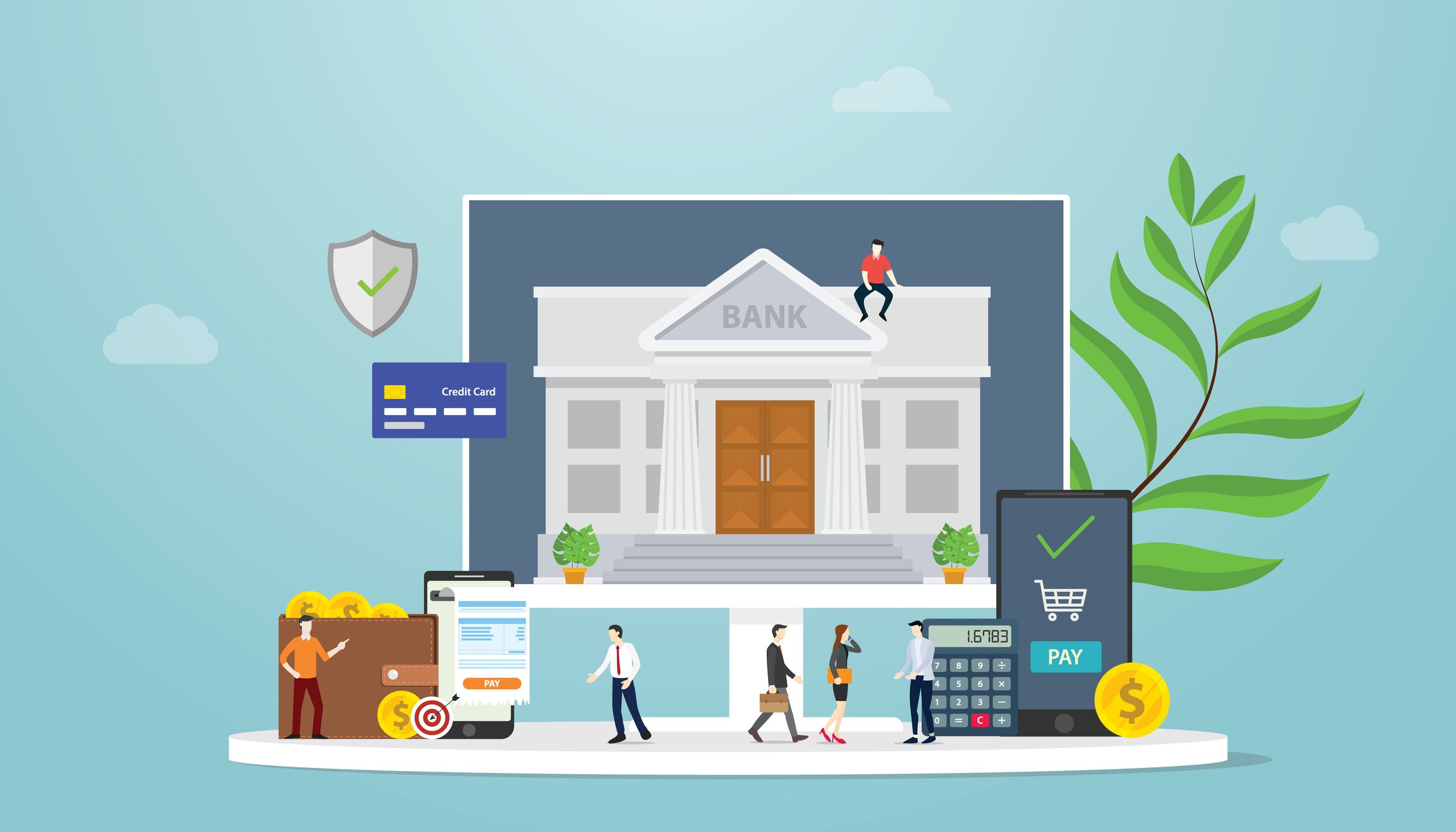 An illustration of a community bank with people on the sidewalk out front.