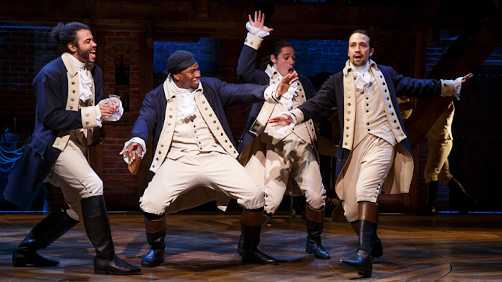 Lin-Manuel Miranda as Alexander Hamilton, alongside three of his fellow leaders of the American revolution, from the Broadway show Hamilton.