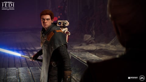 A screenshot of the main character and his droid from Star Wars: Jedi Fallen Order.