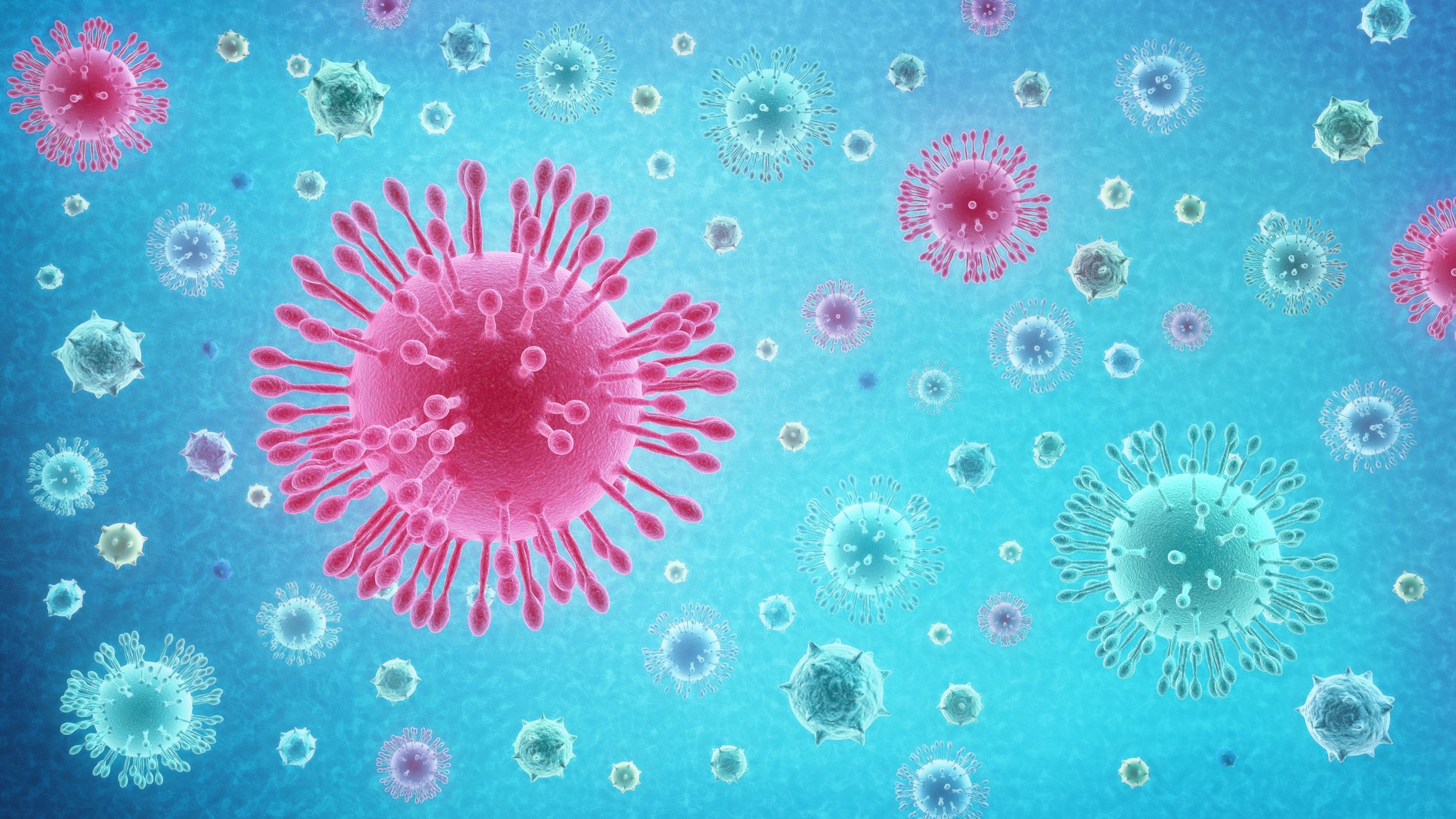 A 3D depiction of virus cells floating among normal cells.