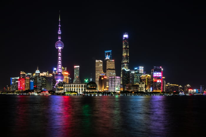 The Shanghai skyline at night.