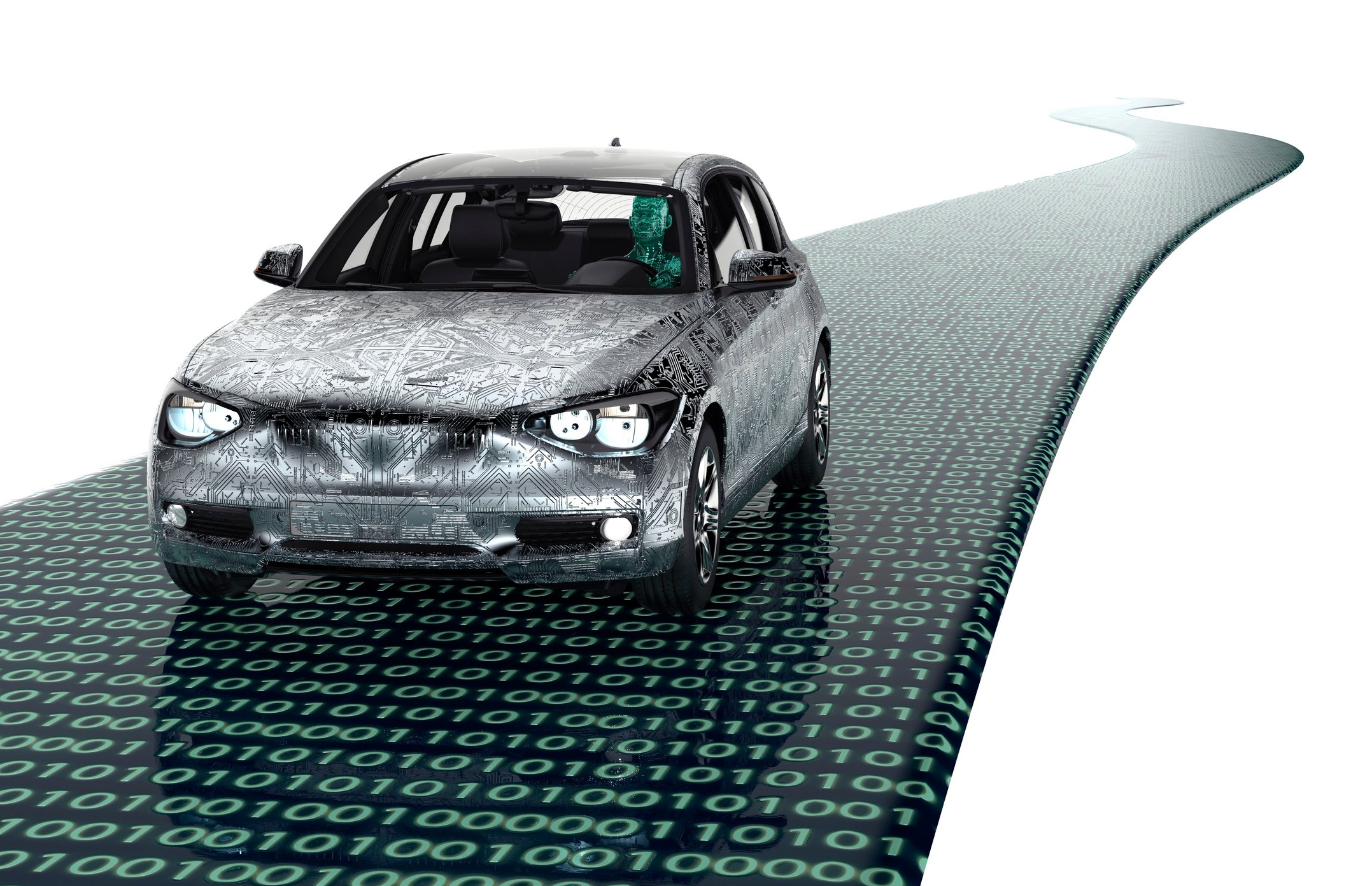 Computer rendering of a modern passenger car driving on a glossy black road covered in green zeroes and ones.