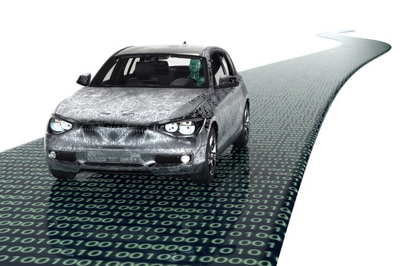 Computer rendering of a modern passenger car driving on a glossy black road covered in green zeroes and ones.