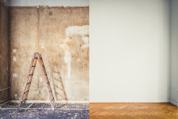 A before-and-after picture of a floor and a wall being redone.