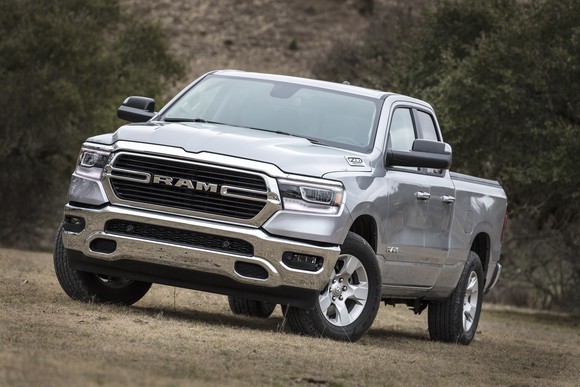 A silver 2019 Ram 1500, a full-size pickup truck.