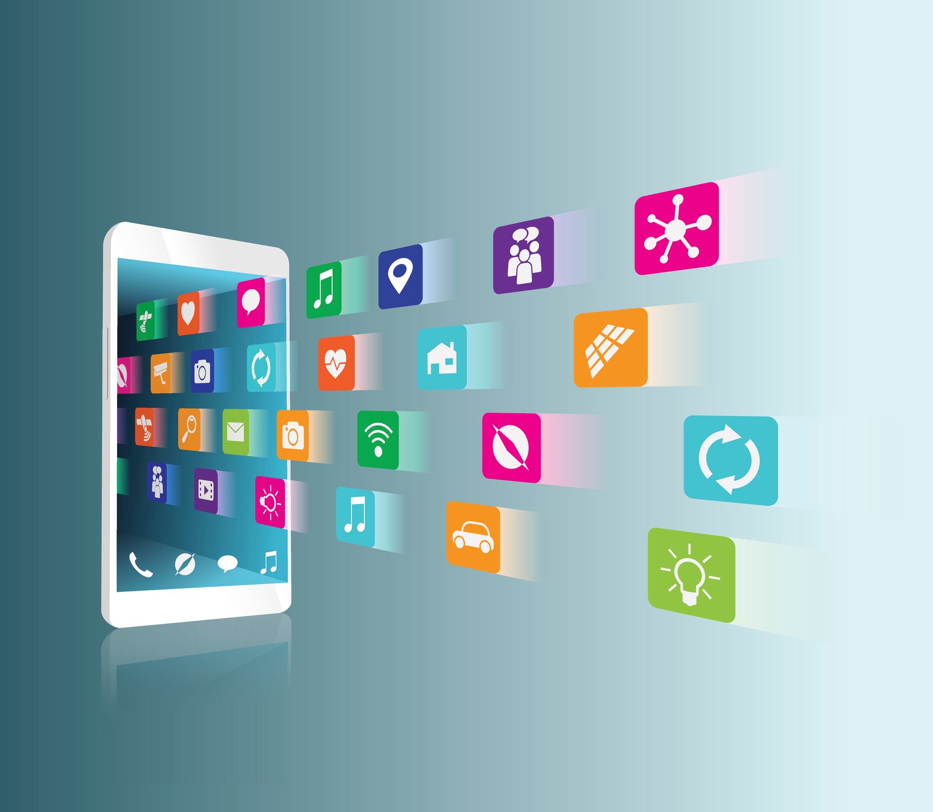 Graphic of smartphone with app icons.
