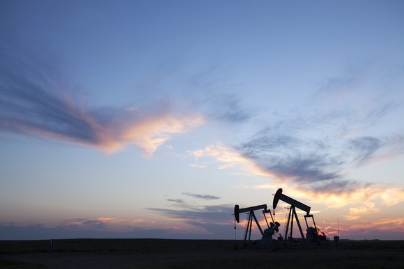 Pump jacks working in Weyburn, Saskatchewan, Canada