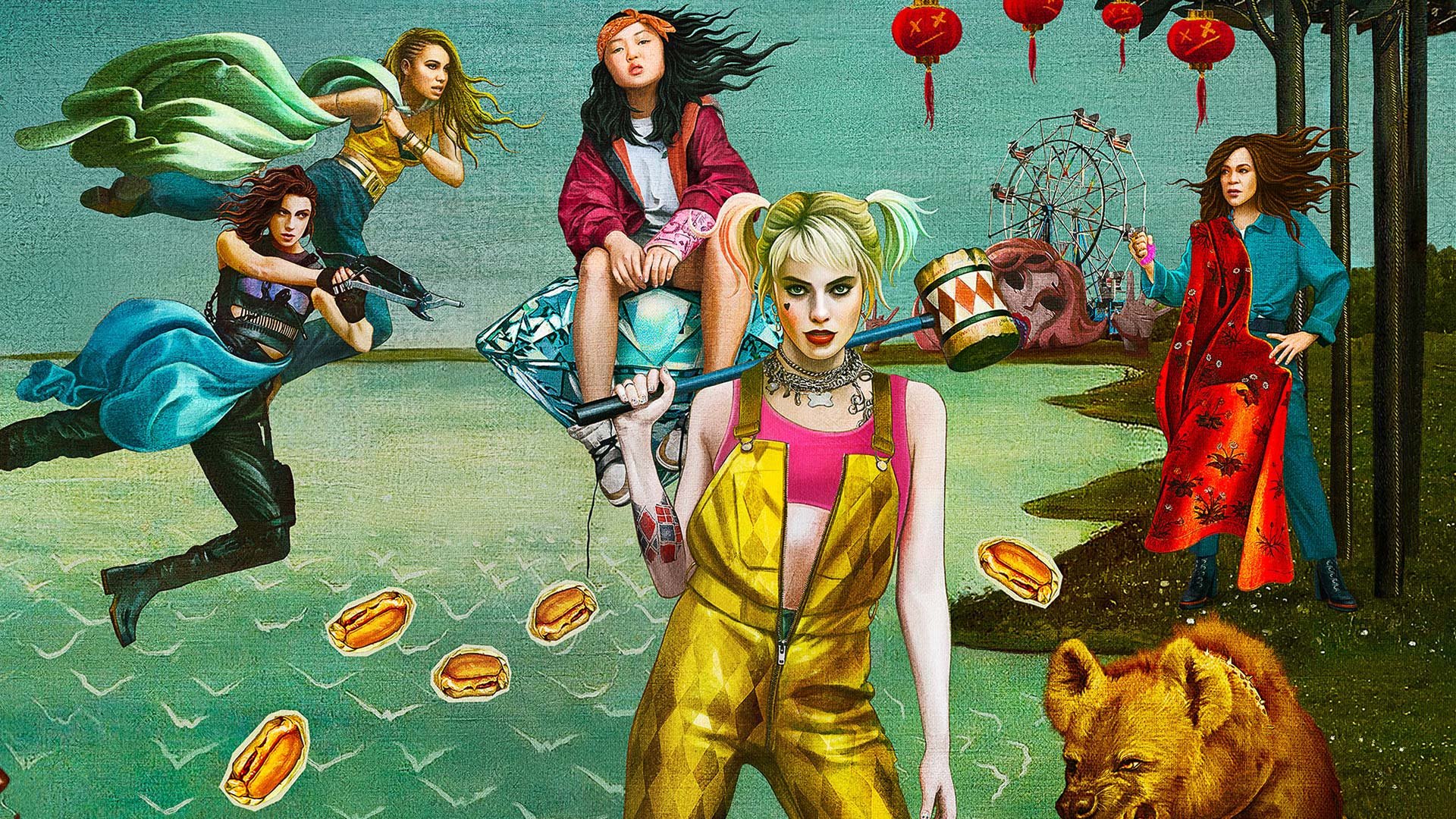 An illustration of Harley Quinn, Cassandra Cain, Huntress, Black Canary, and Renee Montoya from Warner's 'Birds of Prey.'