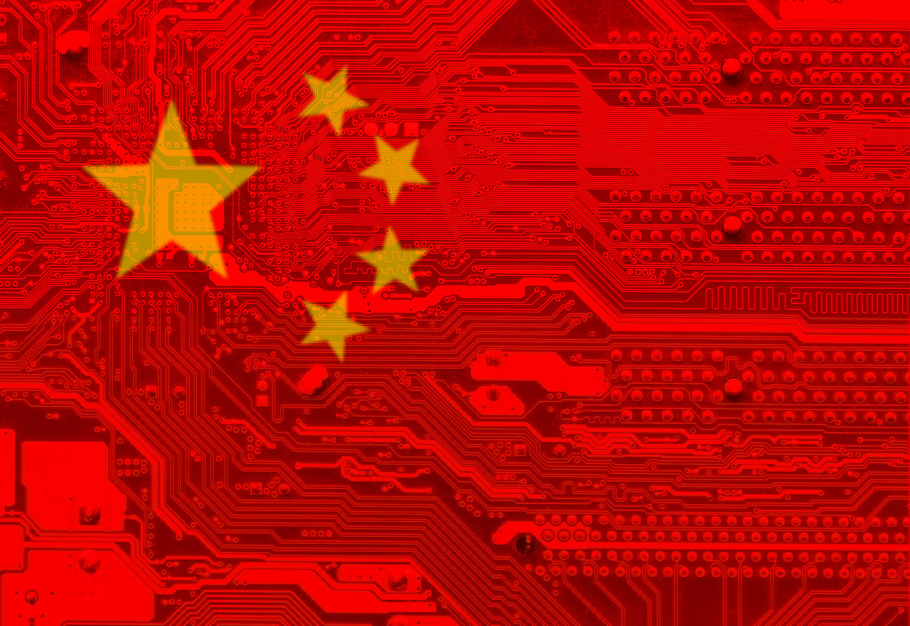 A Chinese flag on a printed circuit board.