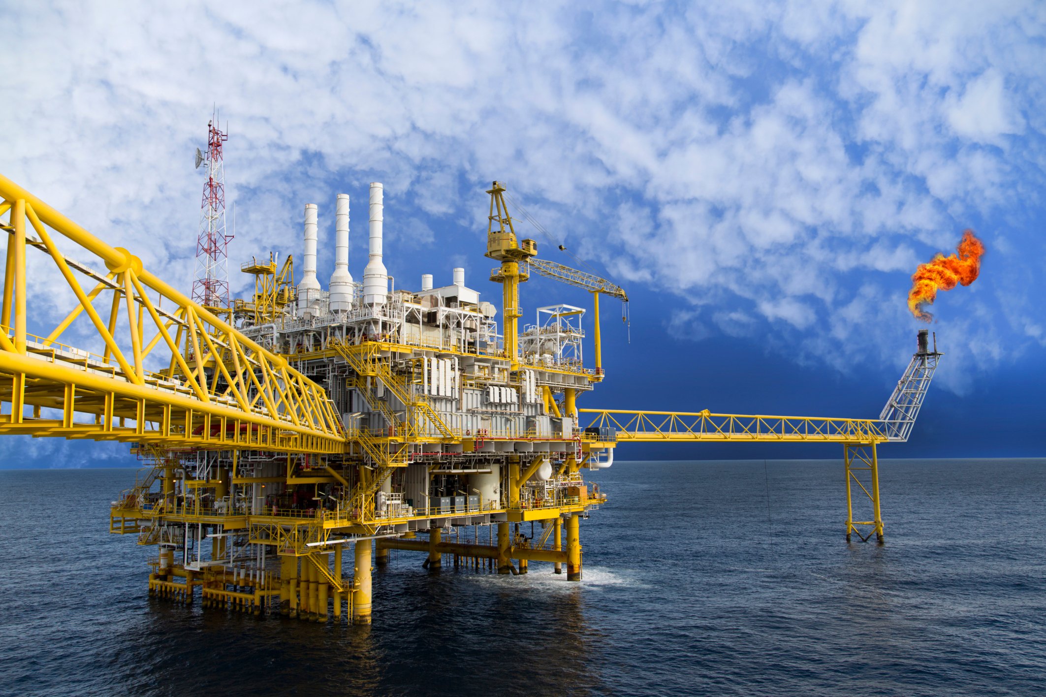 offshore oil rig with flame