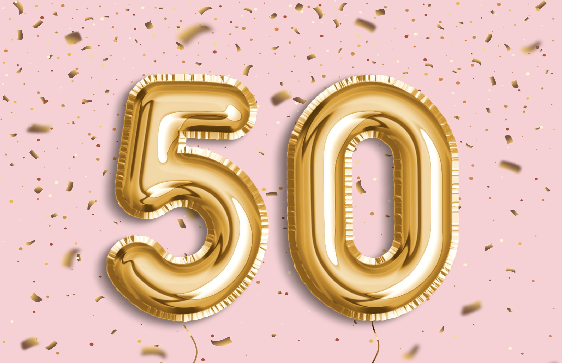 Golden number balloons displaying 50 on a pink and gold background.