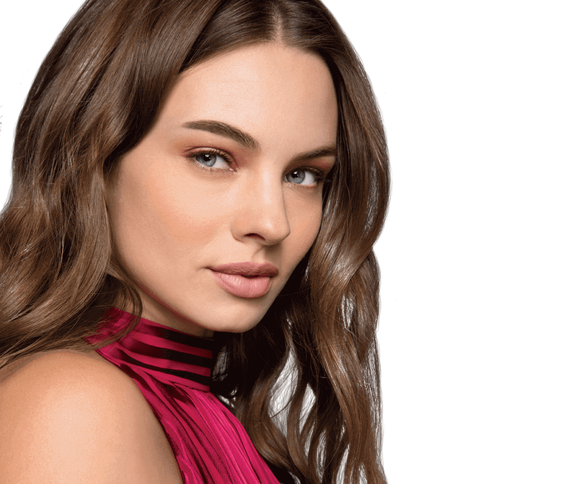 A model with plump lips looking into the camera.