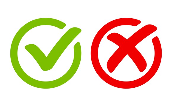 Graphic of green check mark and red X.