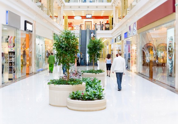 The interior of a relatively empty shopping mall.