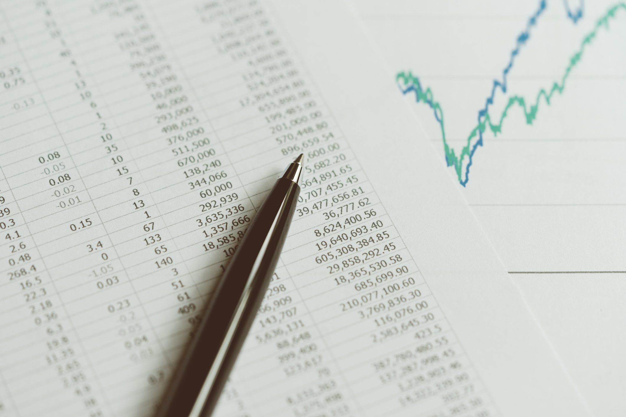 A picture of a financial statements and a graph with a pen on top.