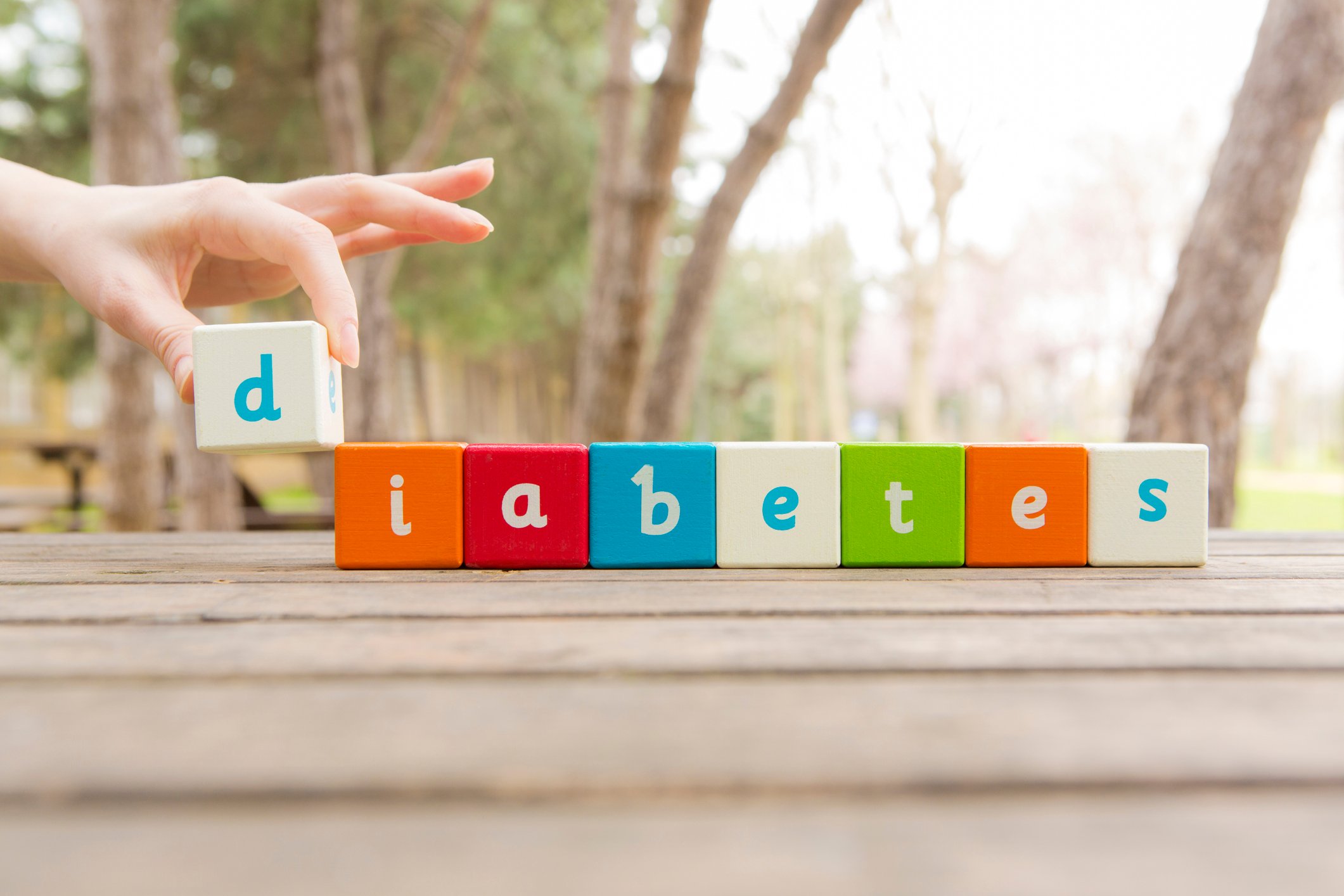 The word "diabetes" spelled out with wooden letter blocks