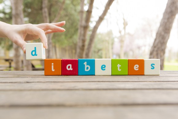The word "diabetes" spelled out with wooden letter blocks