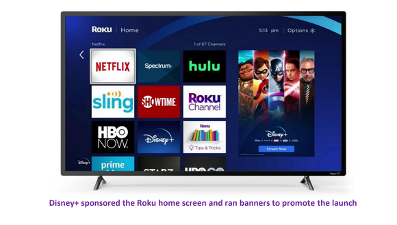 A smart TV displaying the Roku start-up screen, including a large ad for Disney+.