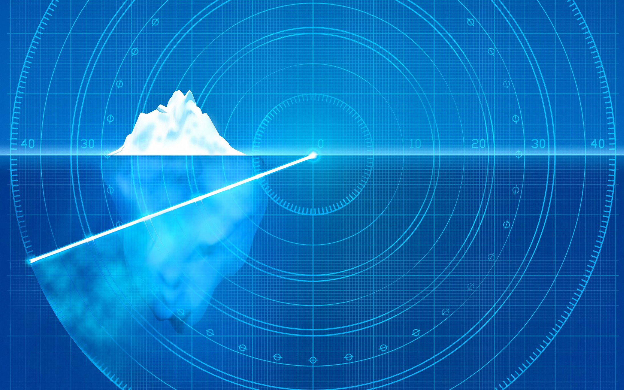 A visual of a radar locating an iceberg that is mostly under water.
