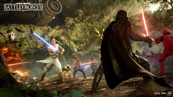 Screenshot from Star Wars: Battlefront 2 showing Darth Vader fighting another character with a light saber.