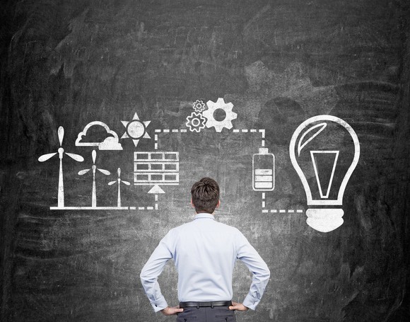 A man looks at illustrations of renewable energy sources on a chalkboard.