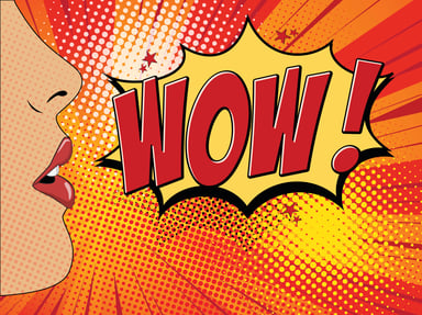 Pop art picture of woman whispering Wow!