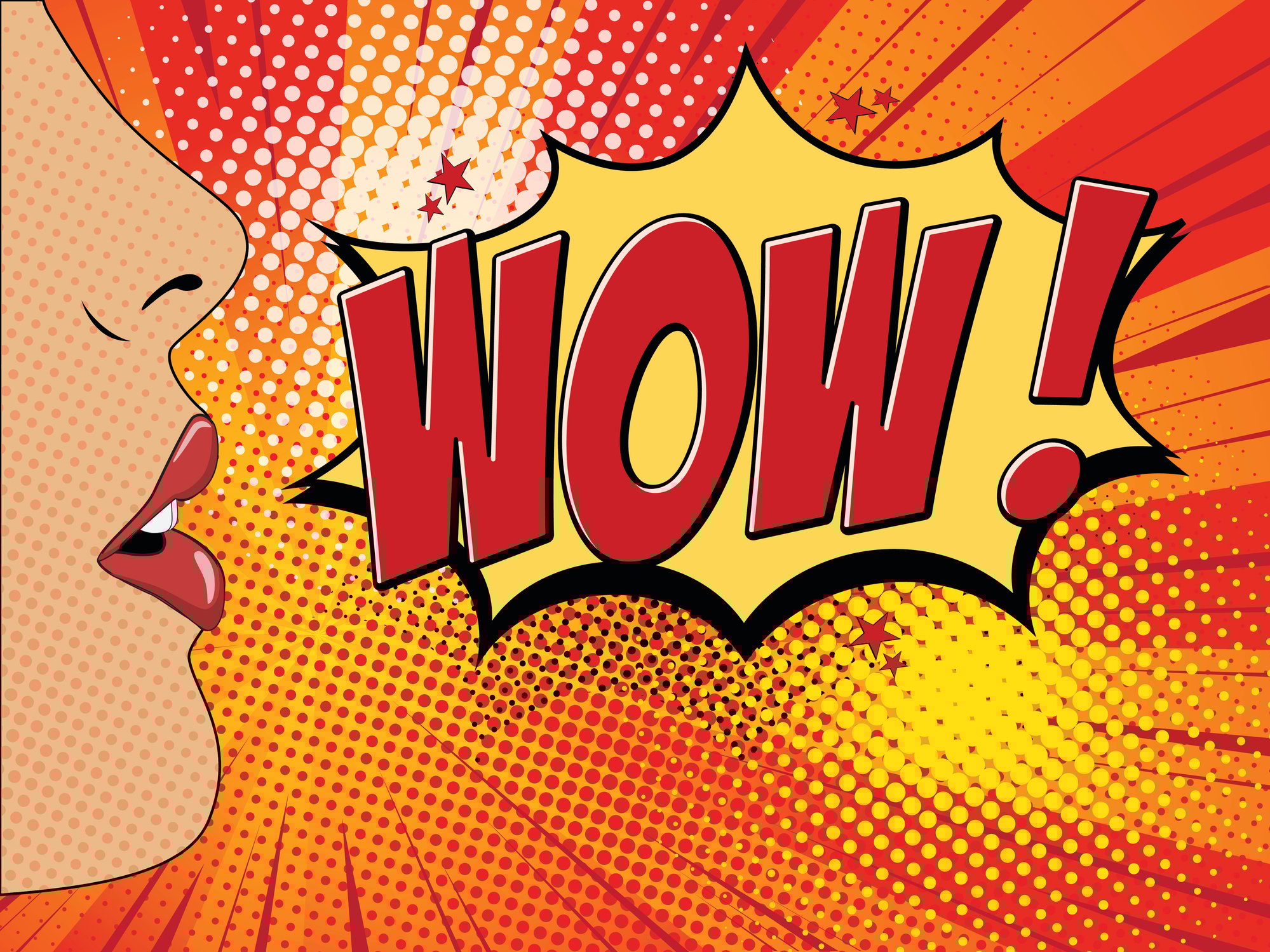 Pop art picture of woman whispering Wow!