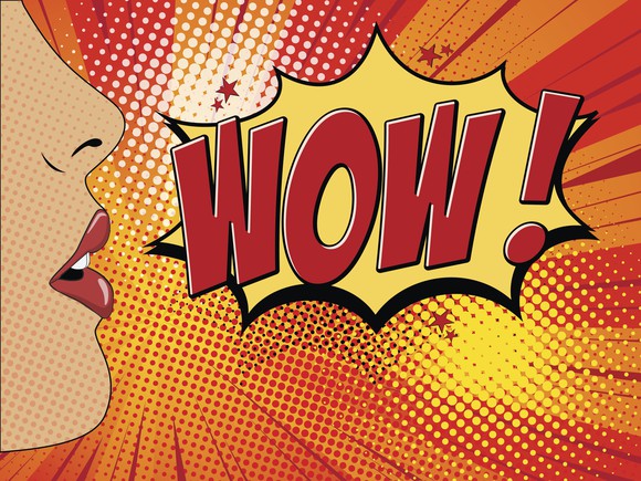 Pop art picture of woman whispering Wow!